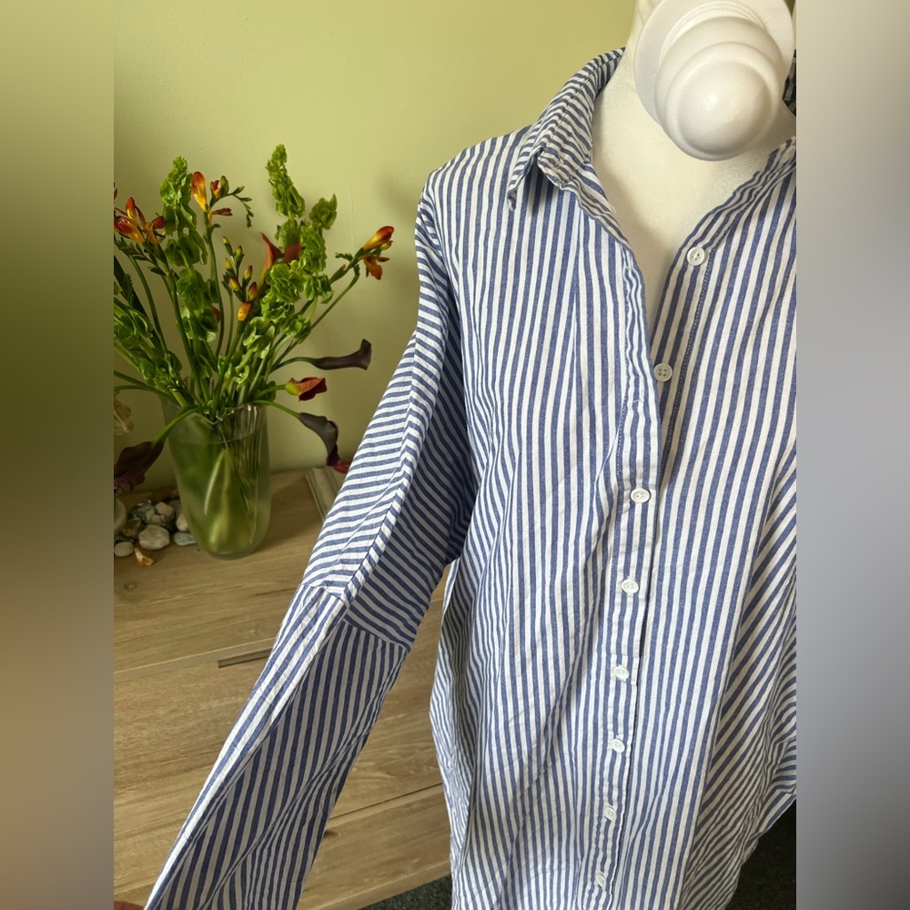 Blue & White Stripe Button Down Drop Shoulder Gauzy Airy Flowy Beach Midi Dress - Picture 10 of 15
